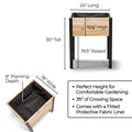 Wooden planter box with dimensions and features on a white background