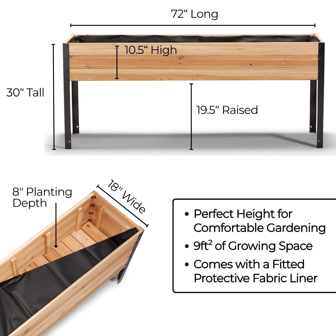 11.5″ x 72″ Shallow Root Raised Garden Bed - 30″ TALL / Select Grade