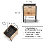 Wooden planter box with dimensions and features on a white background