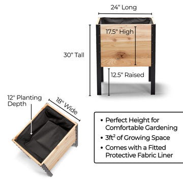 Wooden planter box with dimensions and features on a white background