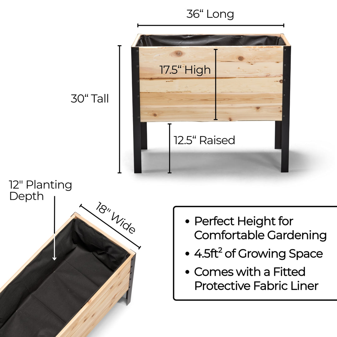 Wooden raised garden bed with dimensions and features on a white background