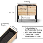 Wooden raised garden bed with dimensions and features on a white background