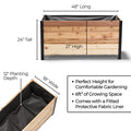Wooden planter box with dimensions and features on a white background