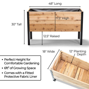 Wooden raised garden bed with dimensions and features on a white background