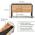 Wooden raised garden bed with dimensions and features listed on a white background