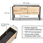 Wooden planter box with dimensions and features on a white background