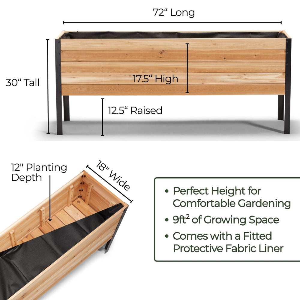Wooden raised garden bed with dimensions and features on a white background