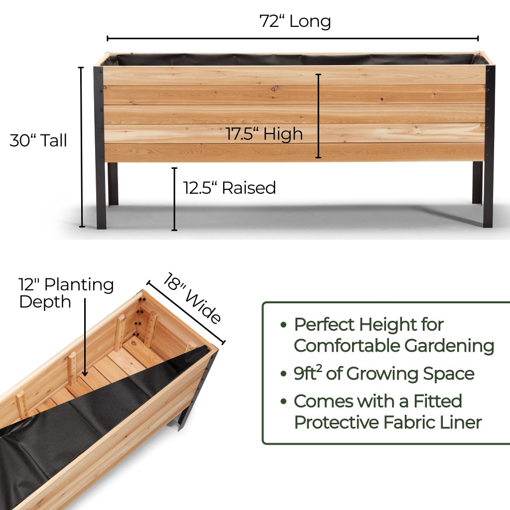 Wooden raised garden bed with dimensions and features on a white background