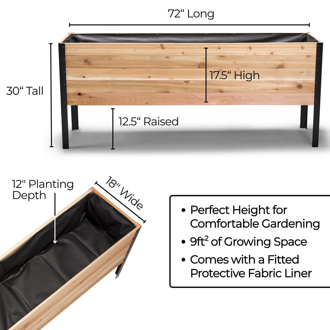 Wooden raised garden bed with dimensions and features on a white background