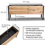 Wooden raised garden bed with dimensions and features on a white background