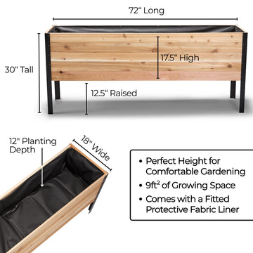 Wooden raised garden bed with dimensions and features on a white background