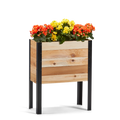 An 11.5-inch by 24-inch raised garden bed made of rot-resistant western red cedar, with a free protective liner and built-in drainage. It is shown filled with plants and set on a black background.