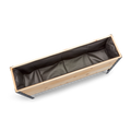 Wooden planter box with black interior on a white background