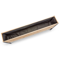 Wooden planter box with black interior on a white background
