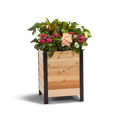 An 18-inch wide by 18 inches long and 24 inches tall wooden planter box with a variety of flowers planted in it.