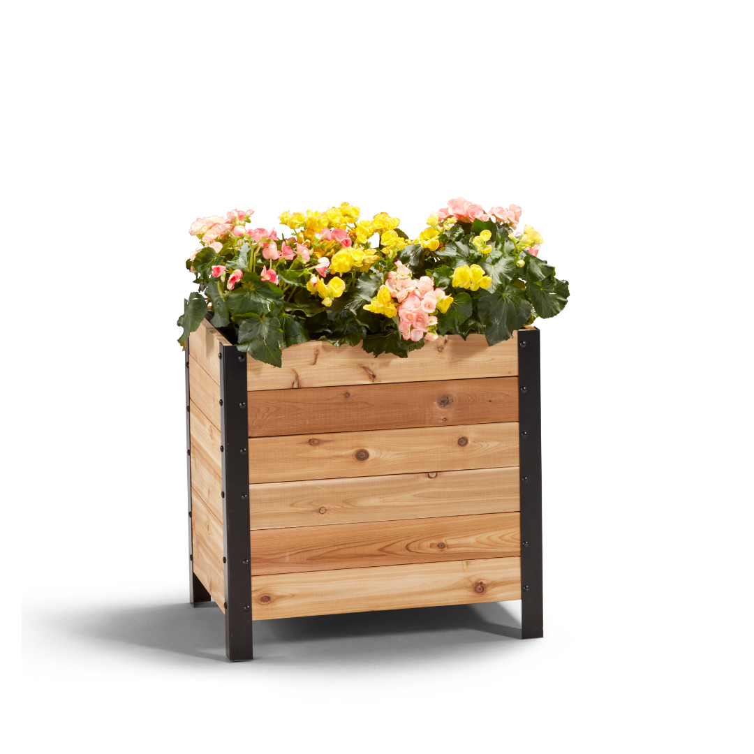 An 18" wide by 24" tall wooden planter box with flowers in it, featuring a visible wooden structure with a black metal frame.