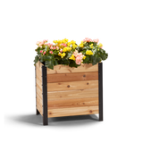 An 18" wide by 24" tall wooden planter box with flowers in it, featuring a visible wooden structure with a black metal frame.