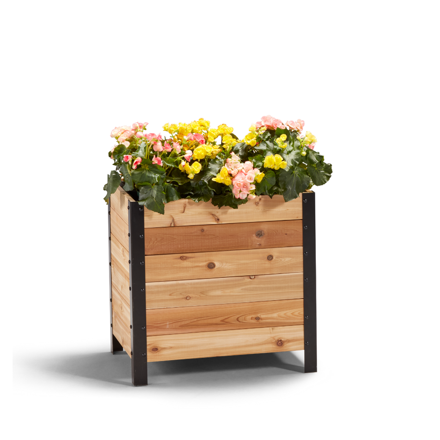 An 18" wide by 24" tall wooden planter box with flowers in it, featuring a visible wooden structure with a black metal frame.