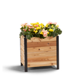 An 18" wide by 24" tall wooden planter box with flowers in it, featuring a visible wooden structure with a black metal frame.