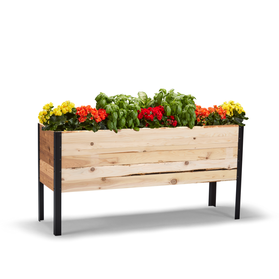 18-inch by 60-inch shallow root raised garden bed in Western Red Cedar with flowers