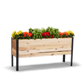 Wooden raised garden bed with colorful flowers on a white background