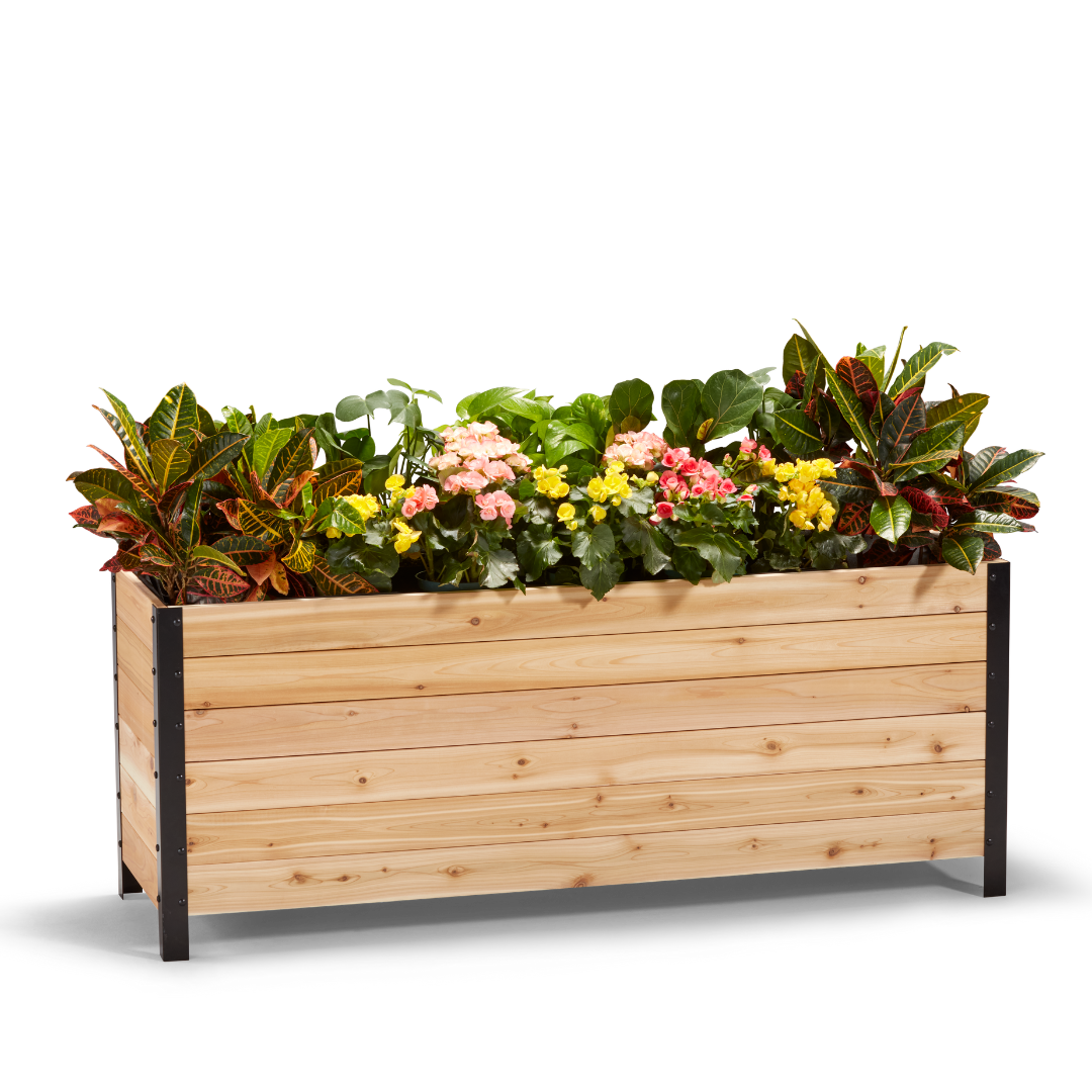 A wooden planter box measuring 18 inches wide, 60 inches long, and 24 inches tall, filled with colorful flowers.