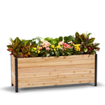 A wooden planter box measuring 18 inches wide, 60 inches long, and 24 inches tall, filled with colorful flowers.