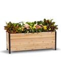 A wooden planter box measuring 18 inches wide, 60 inches long, and 24 inches tall, filled with colorful flowers.