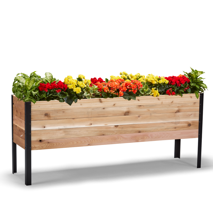 18-inch by 72-inch shallow root raised garden bed in Western Red Cedar with flowers