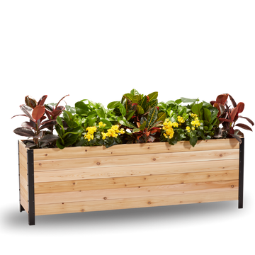 A wooden planter box measuring 18 inches wide, 72 inches long, and 24 inches tall, filled with various plants and greenery.