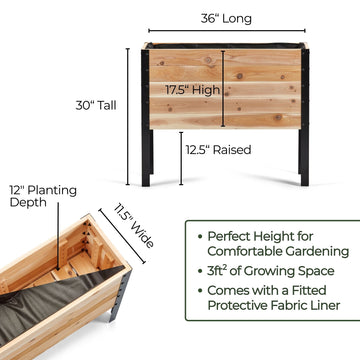 Wooden raised garden bed with dimensions and features on a white background