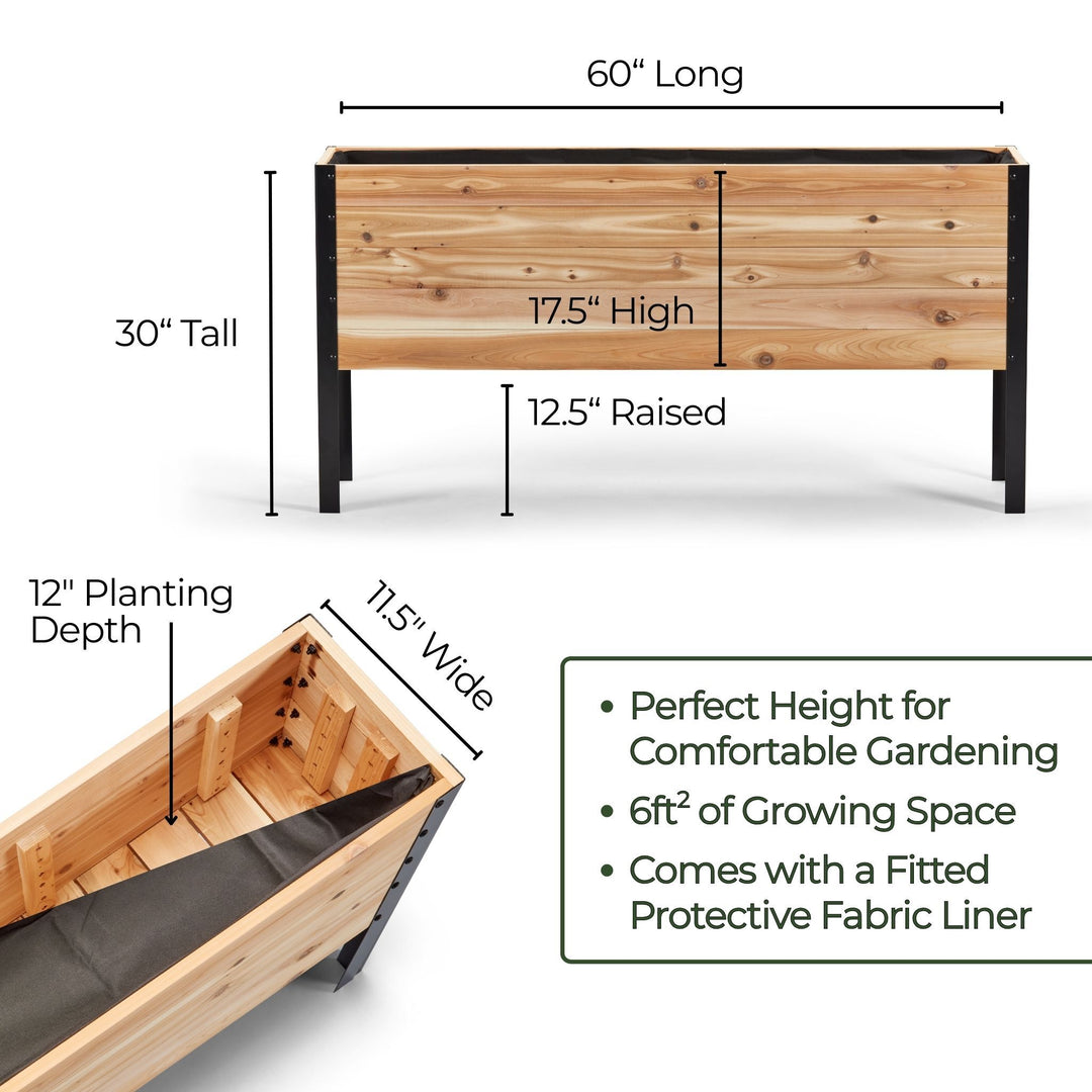 Wooden planter box with dimensions and features on a white background