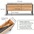 Wooden raised garden bed with dimensions and features listed on a white background