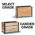 Two wooden planters with text indicating 'Select Grade' and 'Garden Grade'.