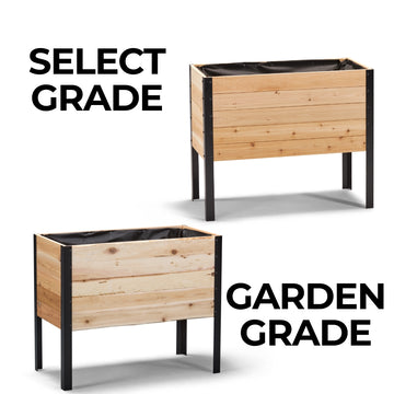 Two wooden garden planters with black frames on a white background, labeled 'Select Grade' and 'Garden Grade'.