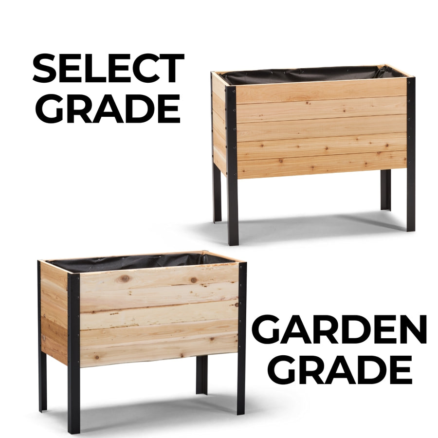 Two wooden garden planters with black frames on a white background, labeled 'Select Grade' and 'Garden Grade'.