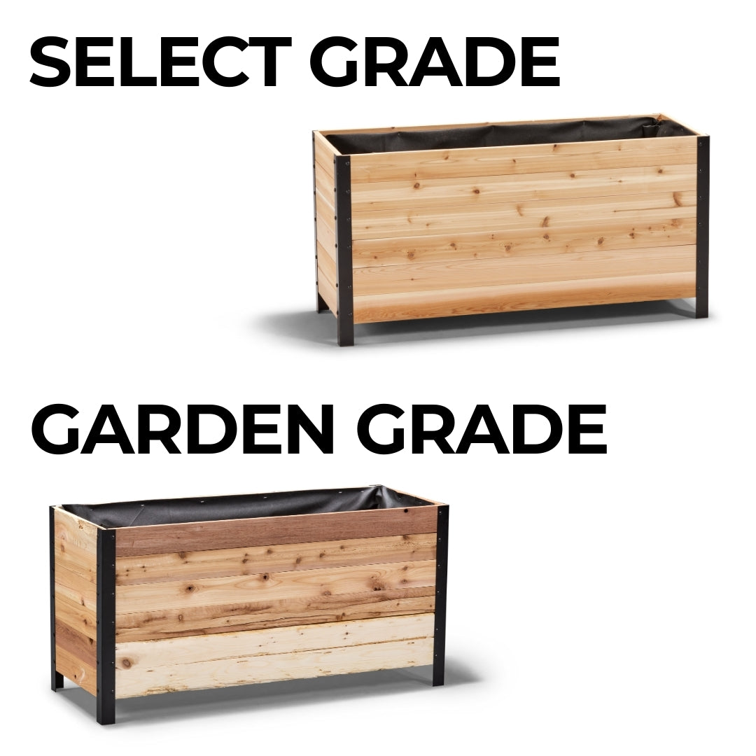 Two wooden planters labeled 'Signature' and 'Rustic' on a white background.