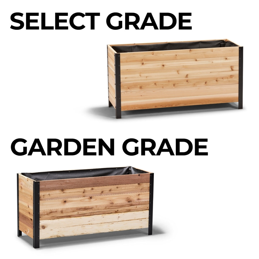 Two wooden planters labeled 'Signature' and 'Rustic' on a white background.