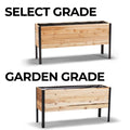 Two wooden planter boxes with metal frames labeled 'Select Grade' and 'Garden Grade' on a white background.
