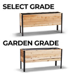 Two wooden planter boxes with metal frames labeled 'Select Grade' and 'Garden Grade' on a white background.