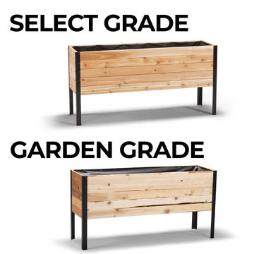 Two wooden planter boxes with metal frames labeled 'Select Grade' and 'Garden Grade' on a white background.