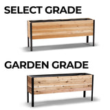 Two wooden planters with metal frames on a white background, labeled 'Signature' and 'Rustic'.