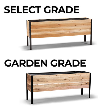 Two wooden planters with metal frames on a white background, labeled 'Signature' and 'Rustic'.