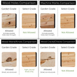 Comparison chart of wood holes, machine marks, wood wane/knots, and wood cracks/checks for rustic and signature finishes.