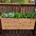 A raised cedar planter box with a black metal frame is filled with several varieties of thriving green vegetables, including onions, cabbage, lettuce, and kale, sitting on a wooden deck.