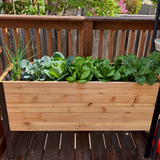 A raised cedar planter box with a black metal frame is filled with several varieties of thriving green vegetables, including onions, cabbage, lettuce, and kale, sitting on a wooden deck.