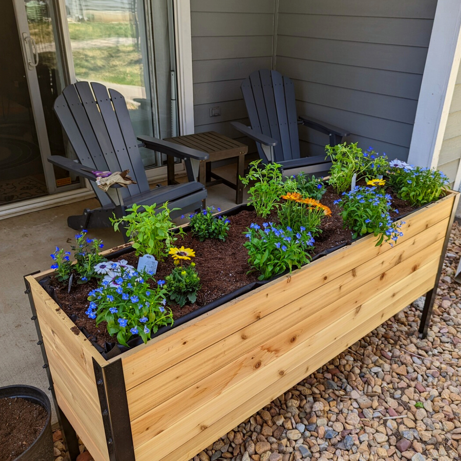 A long, raised cedar planter box with a black metal frame is filled with fresh potting mix, vibrant blue and yellow flowers, and green herbs, sitting on a patio beside a stone border.