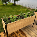 A long, raised cedar planter box with a black metal frame sits on a wooden deck. It is filled with a variety of healthy green herbs, including rosemary, basil, and sage.